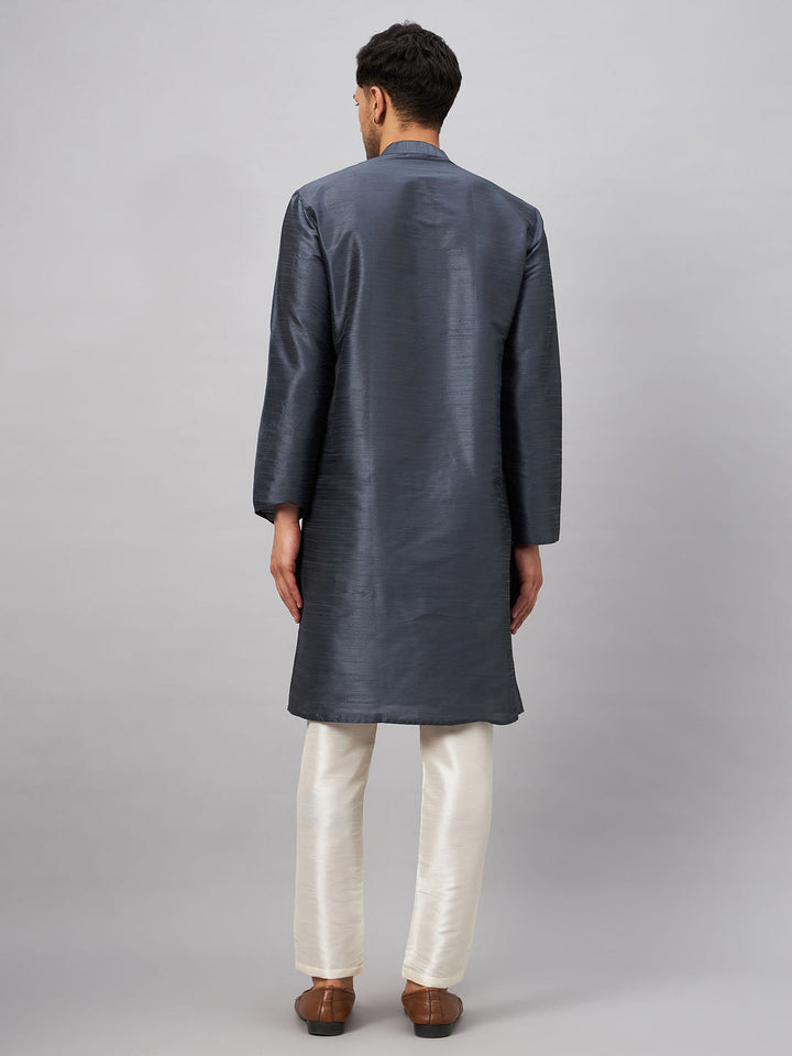 Sarvati Men's Grey Cotton Silk Blend Kurta and Cream Pant Set