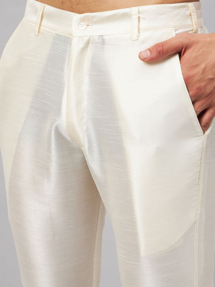 Sarvati Men's Grey Cotton Silk Blend Kurta and Cream Pant Set