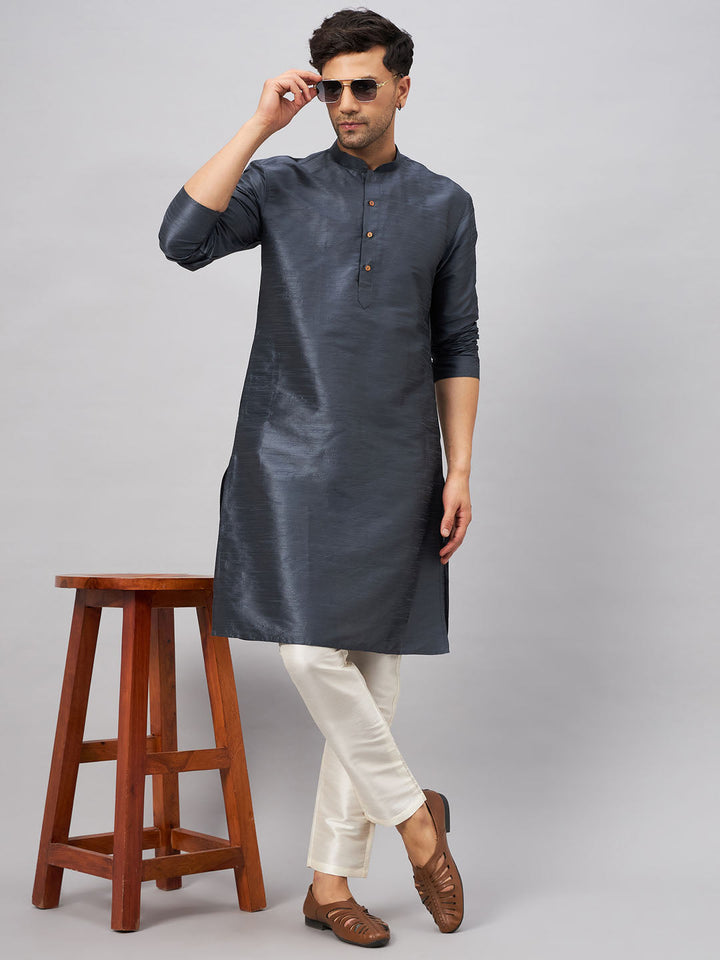 Sarvati Men's Grey Cotton Silk Blend Kurta and Cream Pant Set