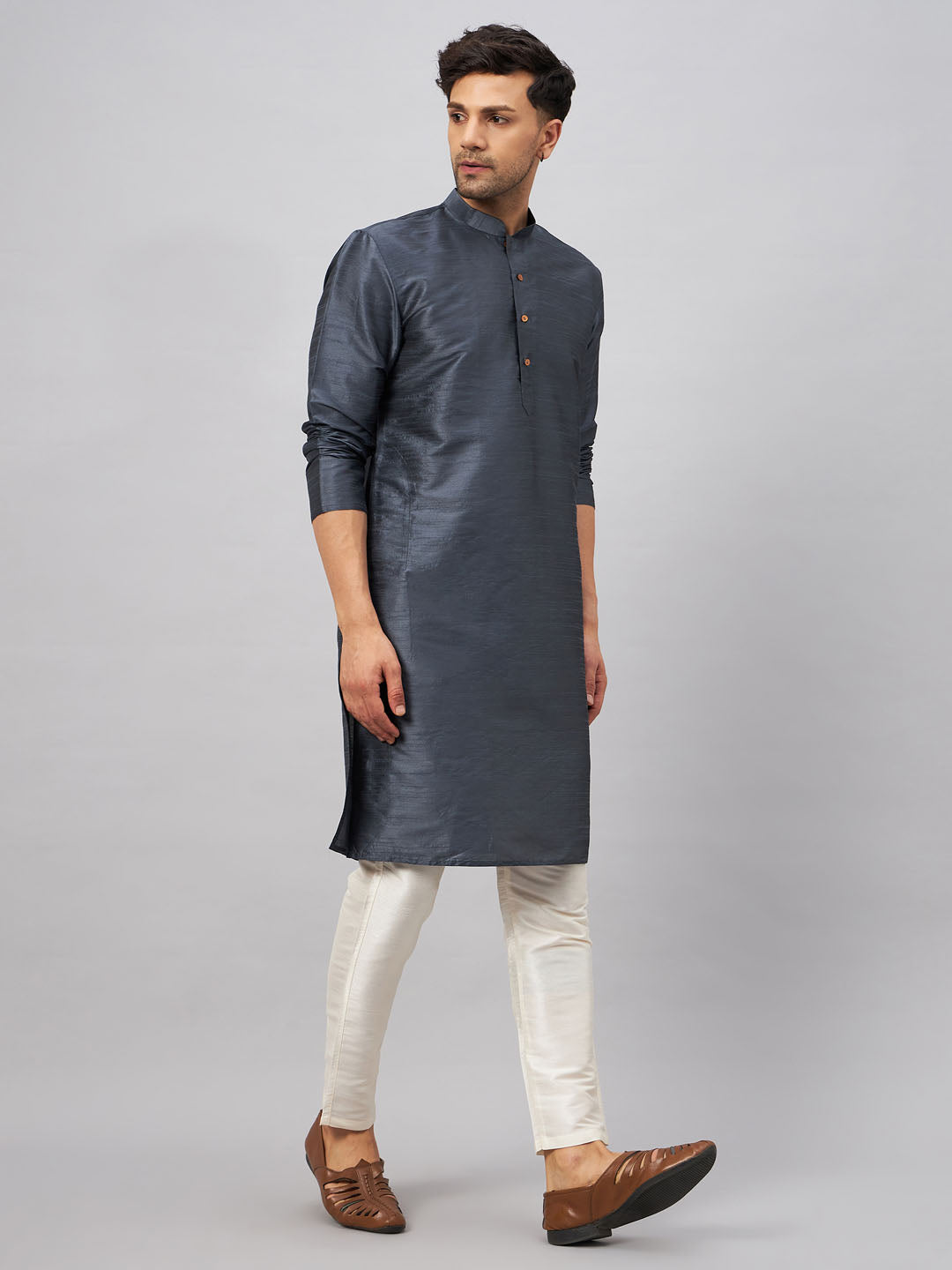 Sarvati Men's Grey Cotton Silk Blend Kurta and Cream Pant Set
