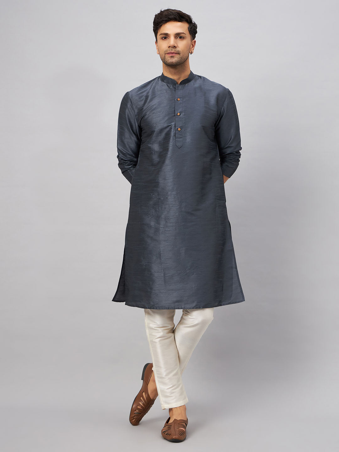 Sarvati Men's Grey Cotton Silk Blend Kurta and Cream Pant Set