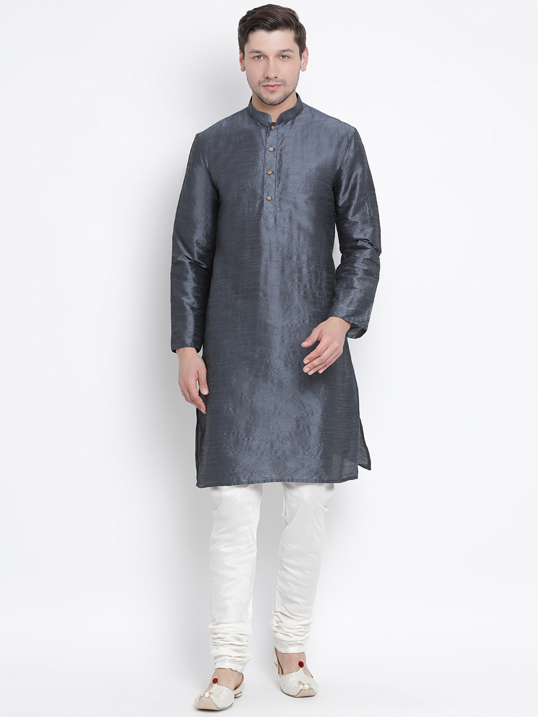 Sarvati Men's Grey Cotton Silk Blend Kurta and Pyjama Set