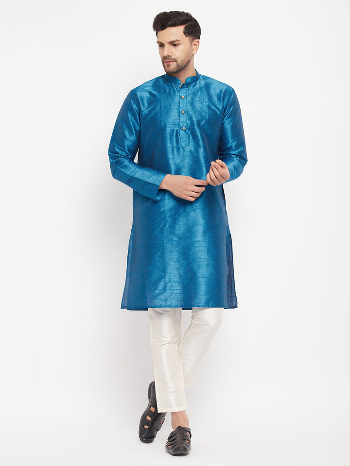 Sarvati Men's Turquoise Blue Cotton Silk Blend Kurta and Pant Style Pyjama Set