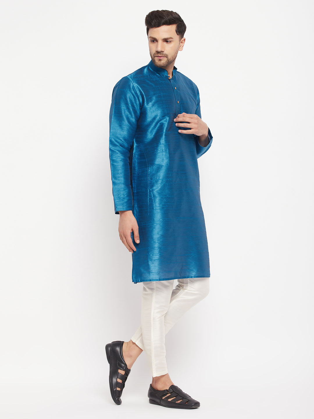Men's Turquoise Blue Cotton Silk Blend Kurta And Pant Style Pyjama Set
