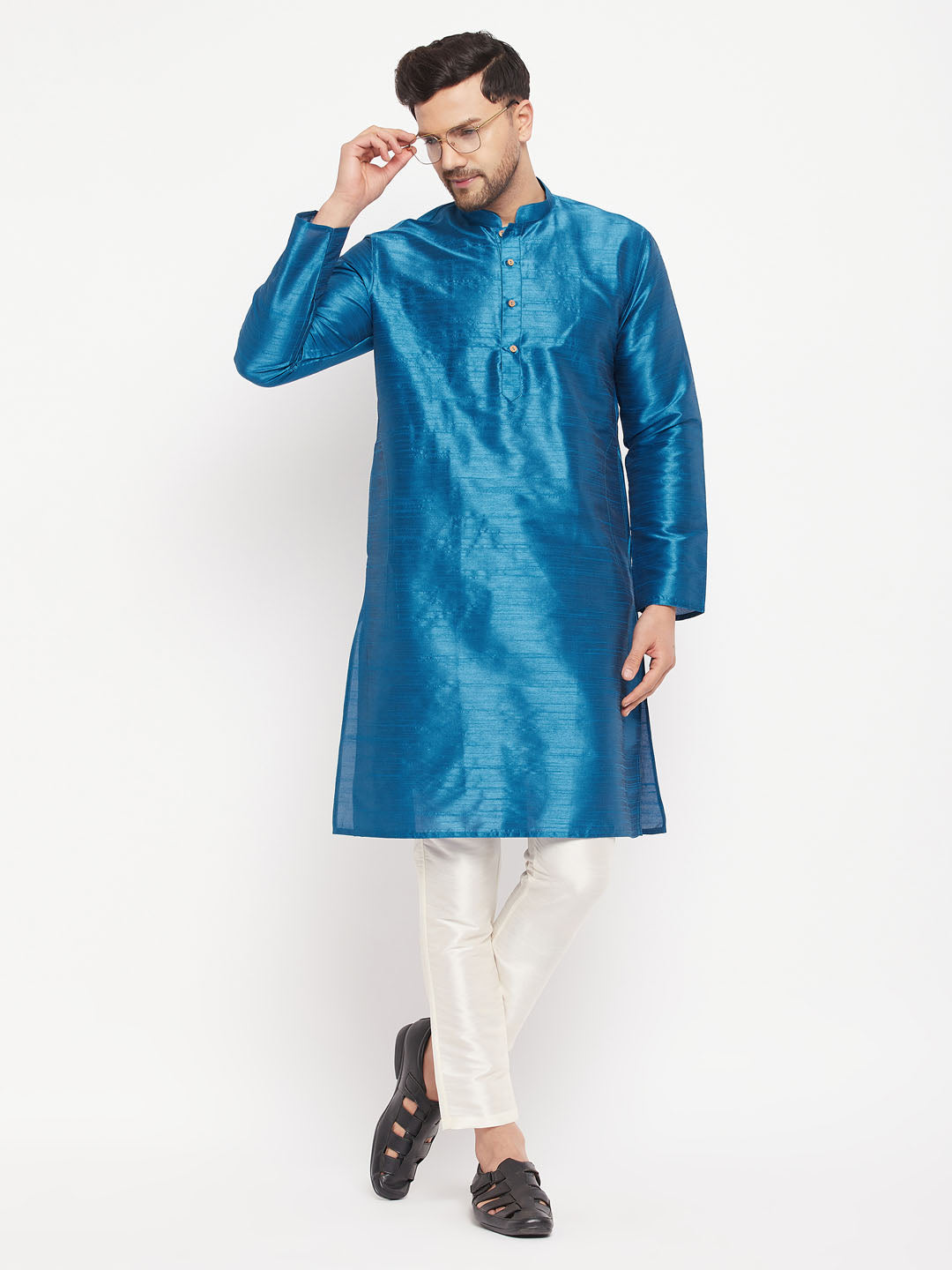 Sarvati Men's Turquoise Blue Cotton Silk Blend Kurta and Pant Style Pyjama Set