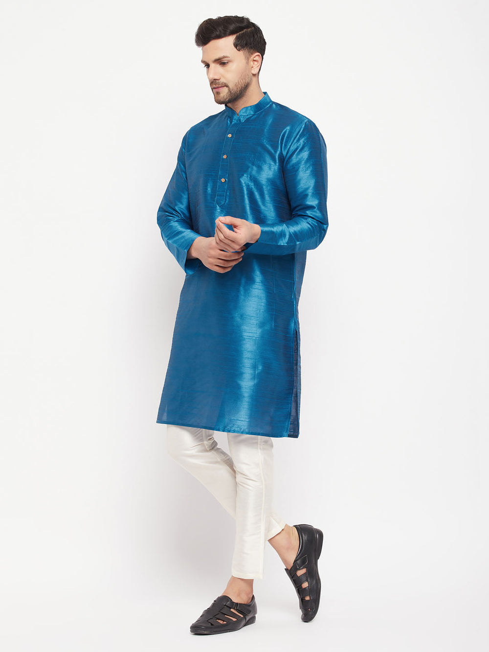 Sarvati Men's Turquoise Blue Cotton Silk Blend Kurta and Pant Style Pyjama Set