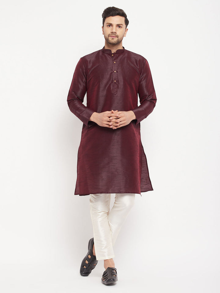 Sarvati Men's Burgundy Silk Blend Kurta and Cream Pant Style Pyjama Set