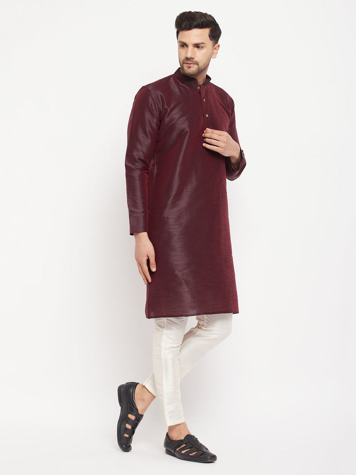 Sarvati Men's Burgundy Silk Blend Kurta and Cream Pant Style Pyjama Set