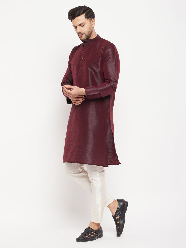 Sarvati Men's Burgundy Silk Blend Kurta and Cream Pant Style Pyjama Set