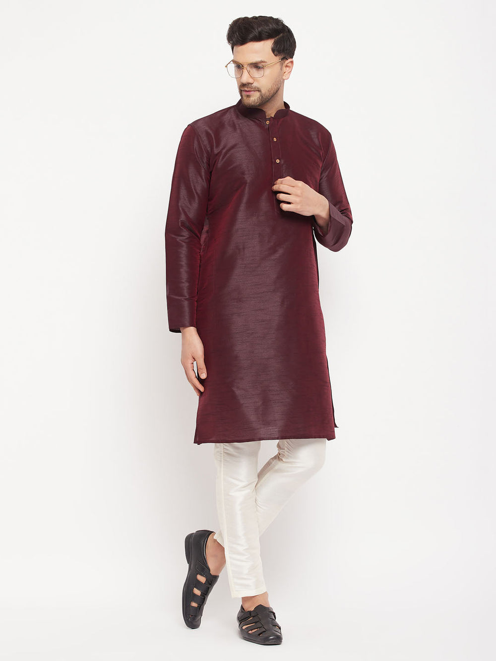 Sarvati Men's Burgundy Silk Blend Kurta and Cream Pant Style Pyjama Set