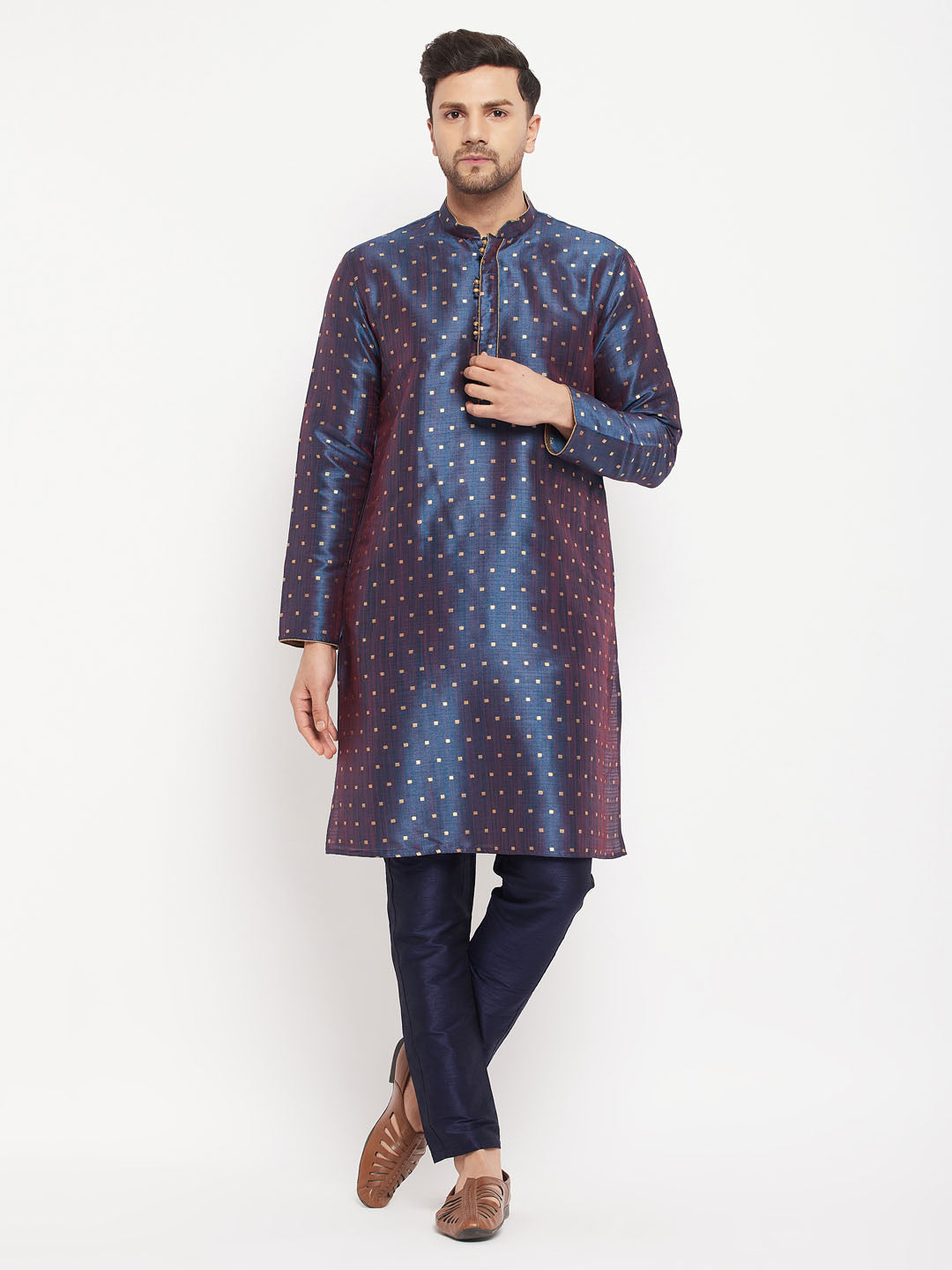 Sarvati Men's Navy Blue Zari Weaved Kurta And Pant Set