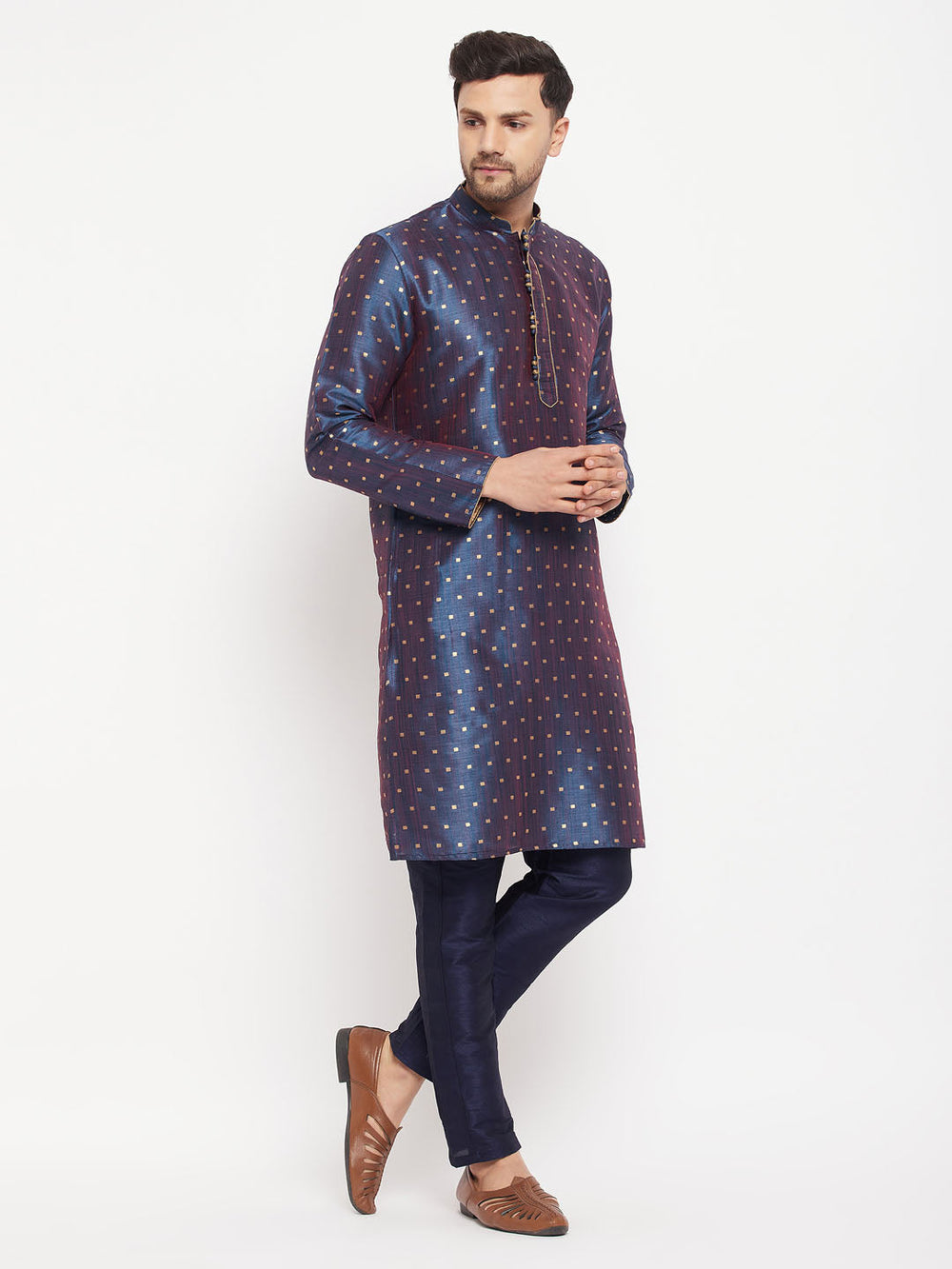 Sarvati Men's Navy Blue Zari Weaved Kurta And Pant Set