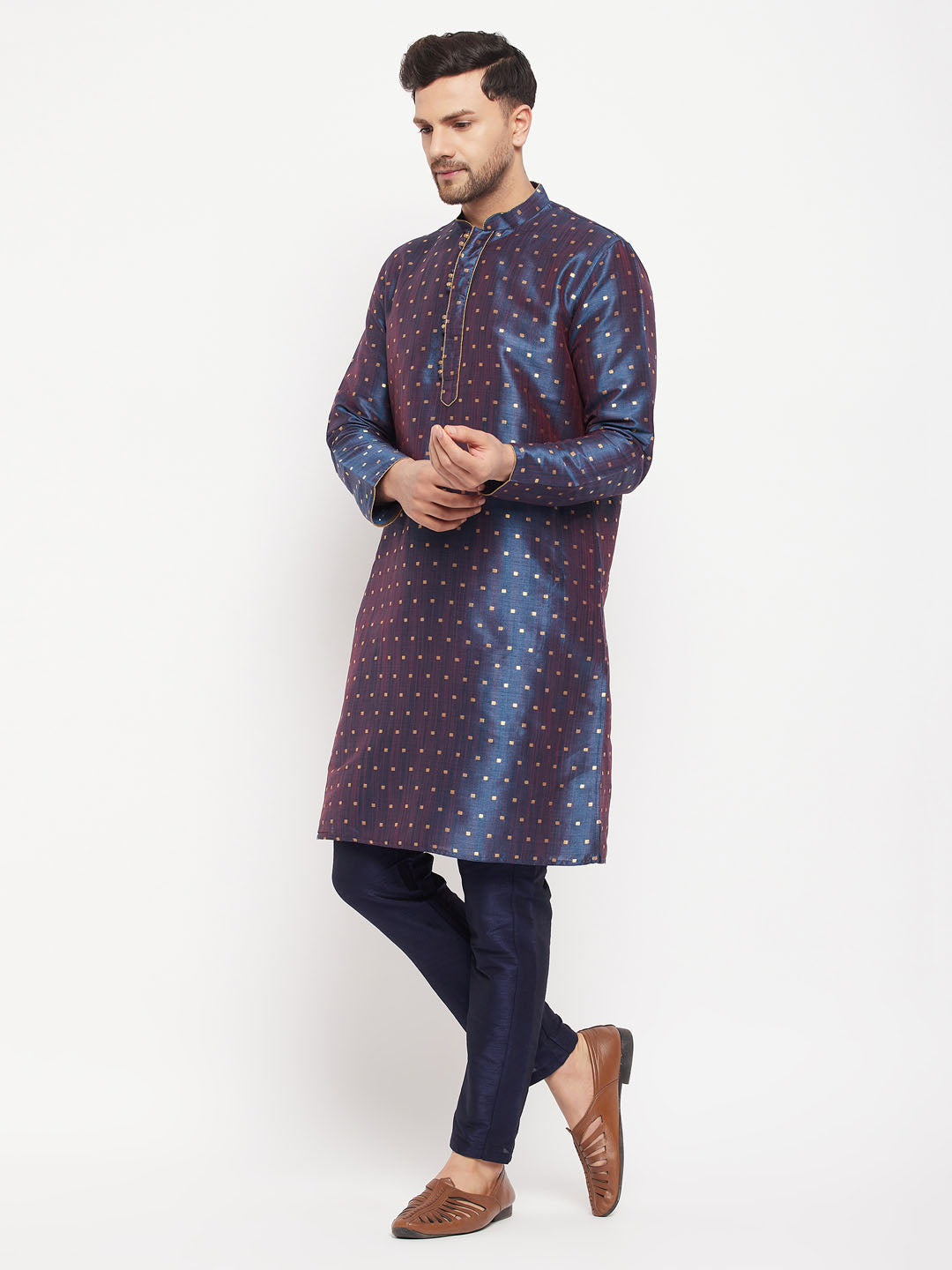 Sarvati Men's Navy Blue Zari Weaved Kurta And Pant Set