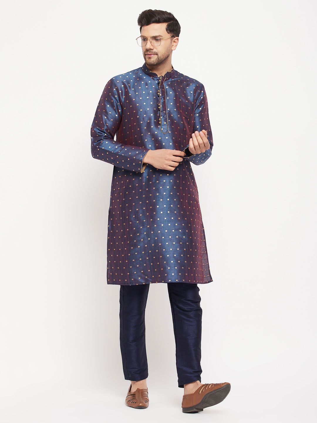 Sarvati Men's Navy Blue Zari Weaved Kurta And Pant Set