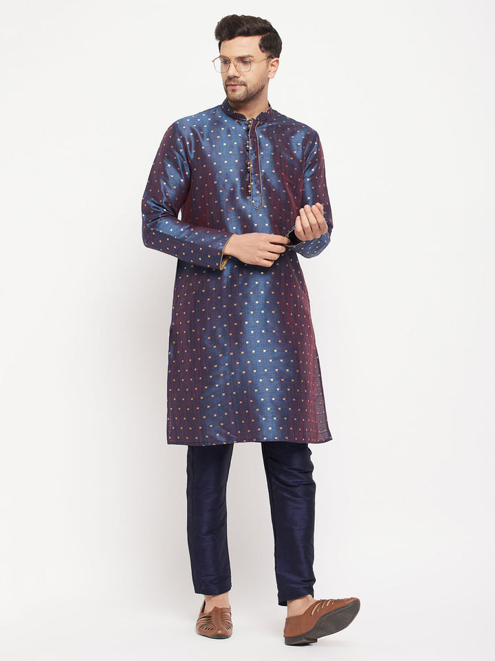 Sarvati Men's Navy Blue Zari Weaved Kurta And Pant Set