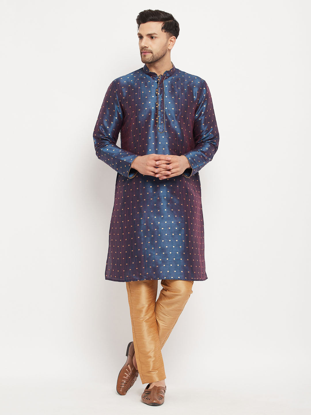 Sarvati Men's Navy Blue Zari Weaved Kurta And Pant Set