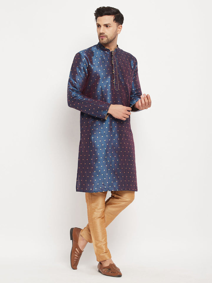 Sarvati Men's Navy Blue Zari Weaved Kurta And Pant Set