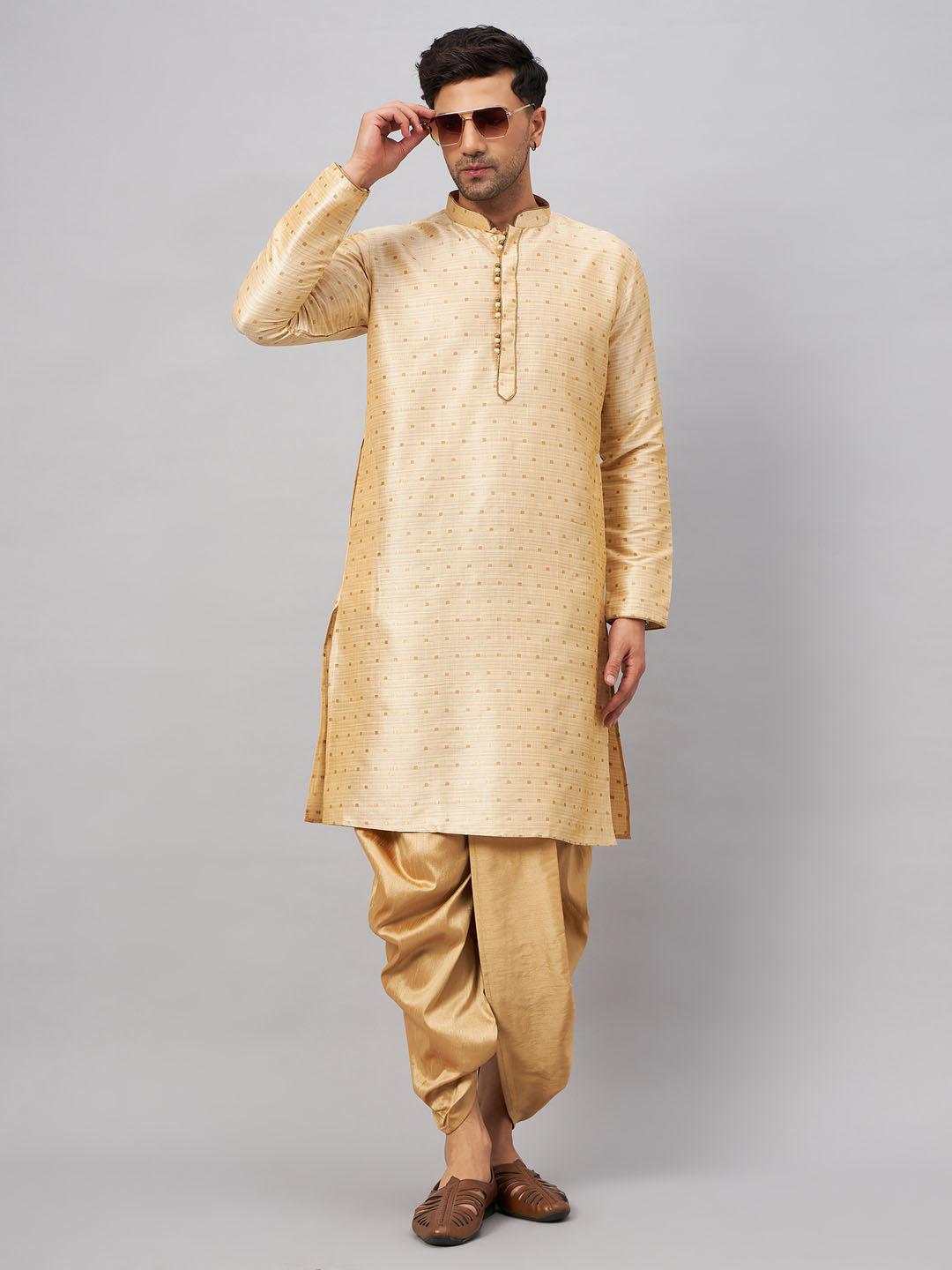 Men's Gold Zari Weaved Kurta Dhoti Set