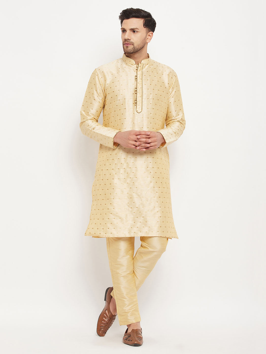 Sarvati Men's Gold Zari Weaved Kurta And Pant Set