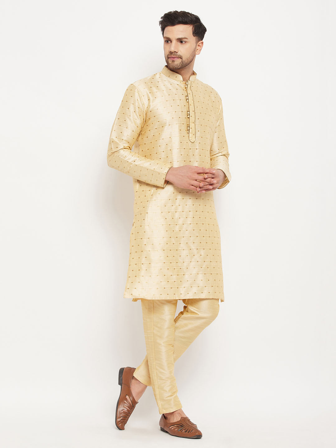 Sarvati Men's Gold Zari Weaved Kurta And Pant Set