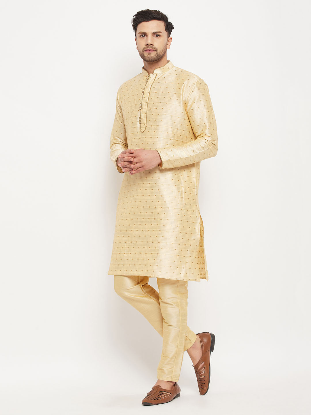 Sarvati Men's Gold Zari Weaved Kurta And Pant Set