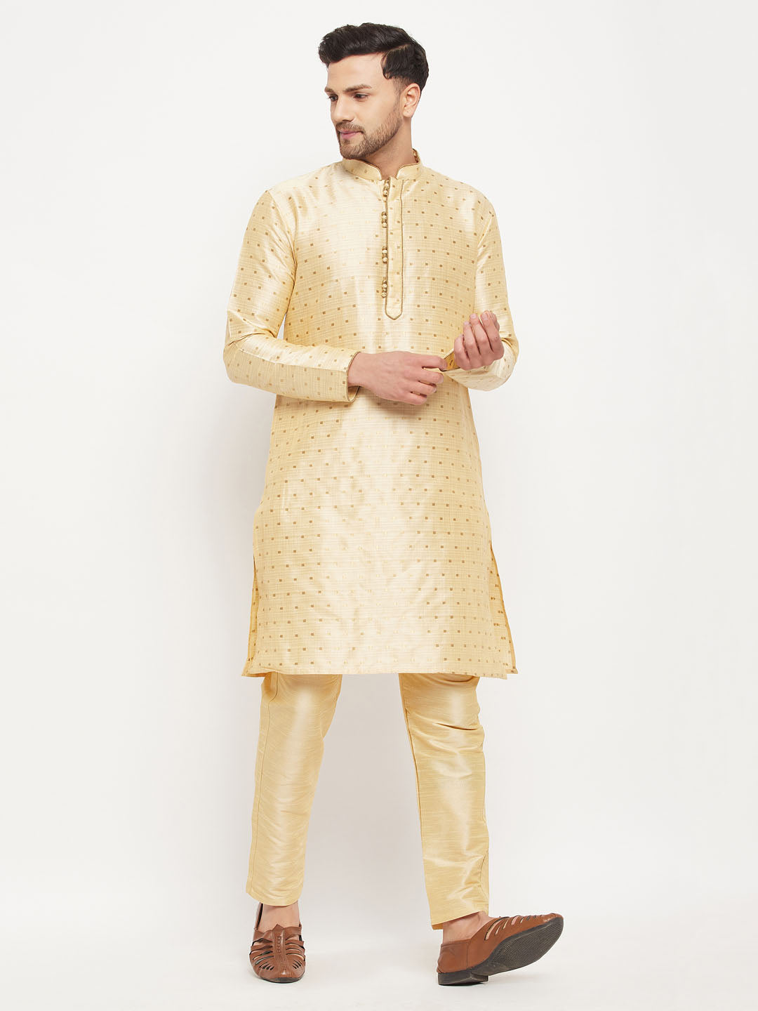 Sarvati Men's Gold Zari Weaved Kurta And Pant Set