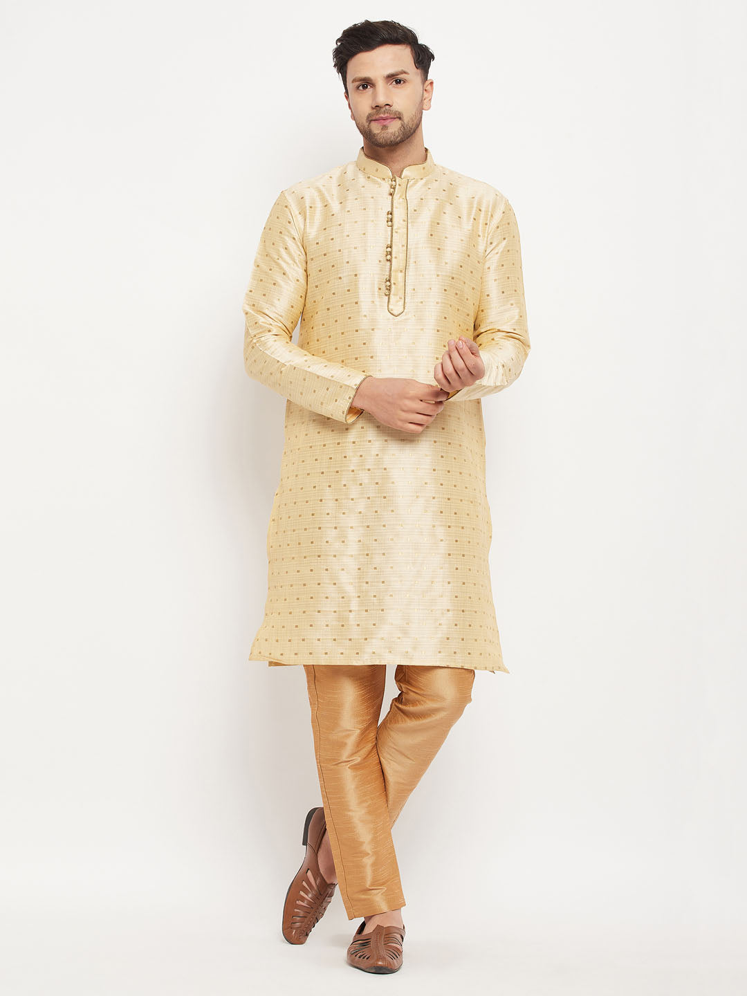 Sarvati Men's Gold Zari Weaved Kurta And Pant Set