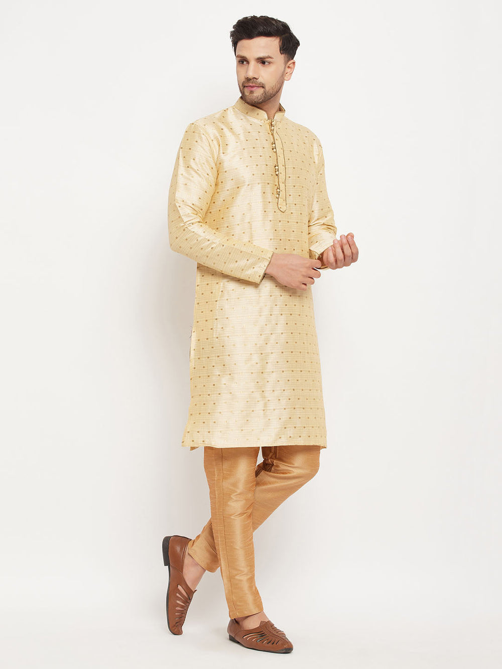 Sarvati Men's Gold Zari Weaved Kurta And Pant Set