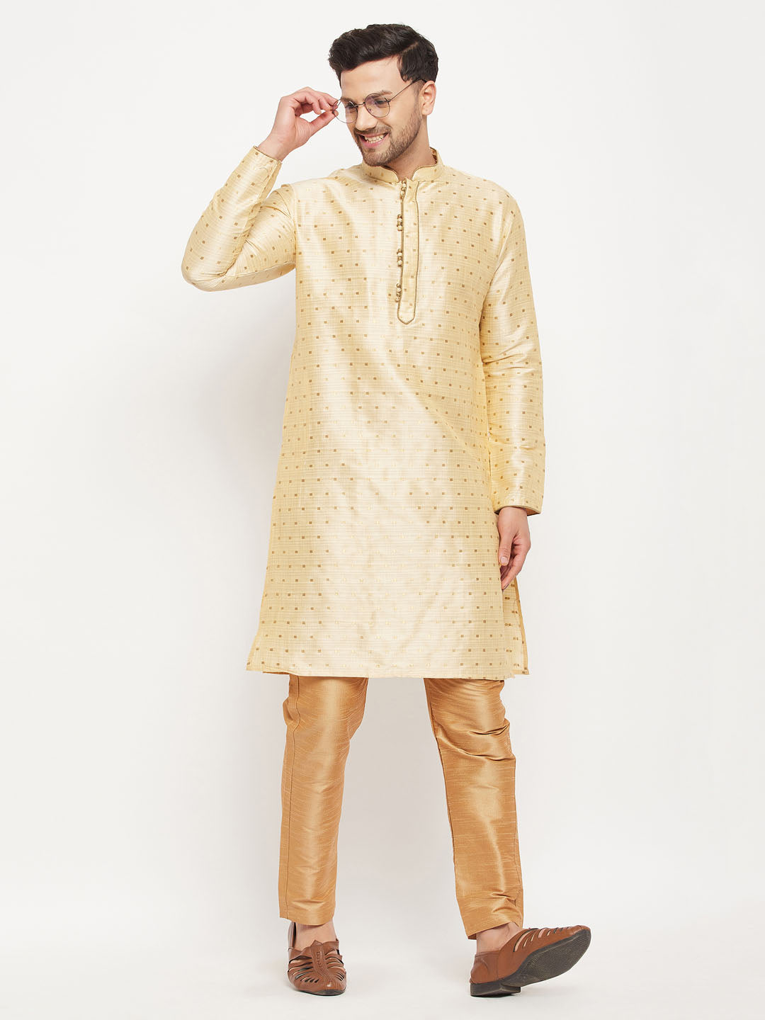 Sarvati Men's Gold Zari Weaved Kurta And Pant Set