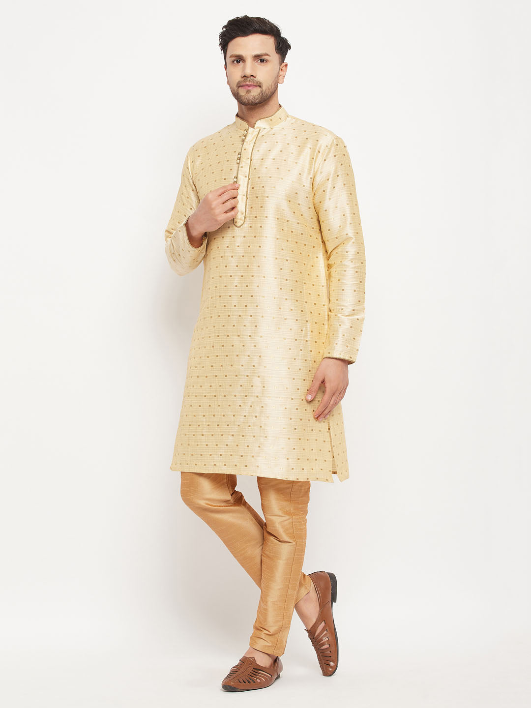 Sarvati Men's Gold Zari Weaved Kurta And Pant Set