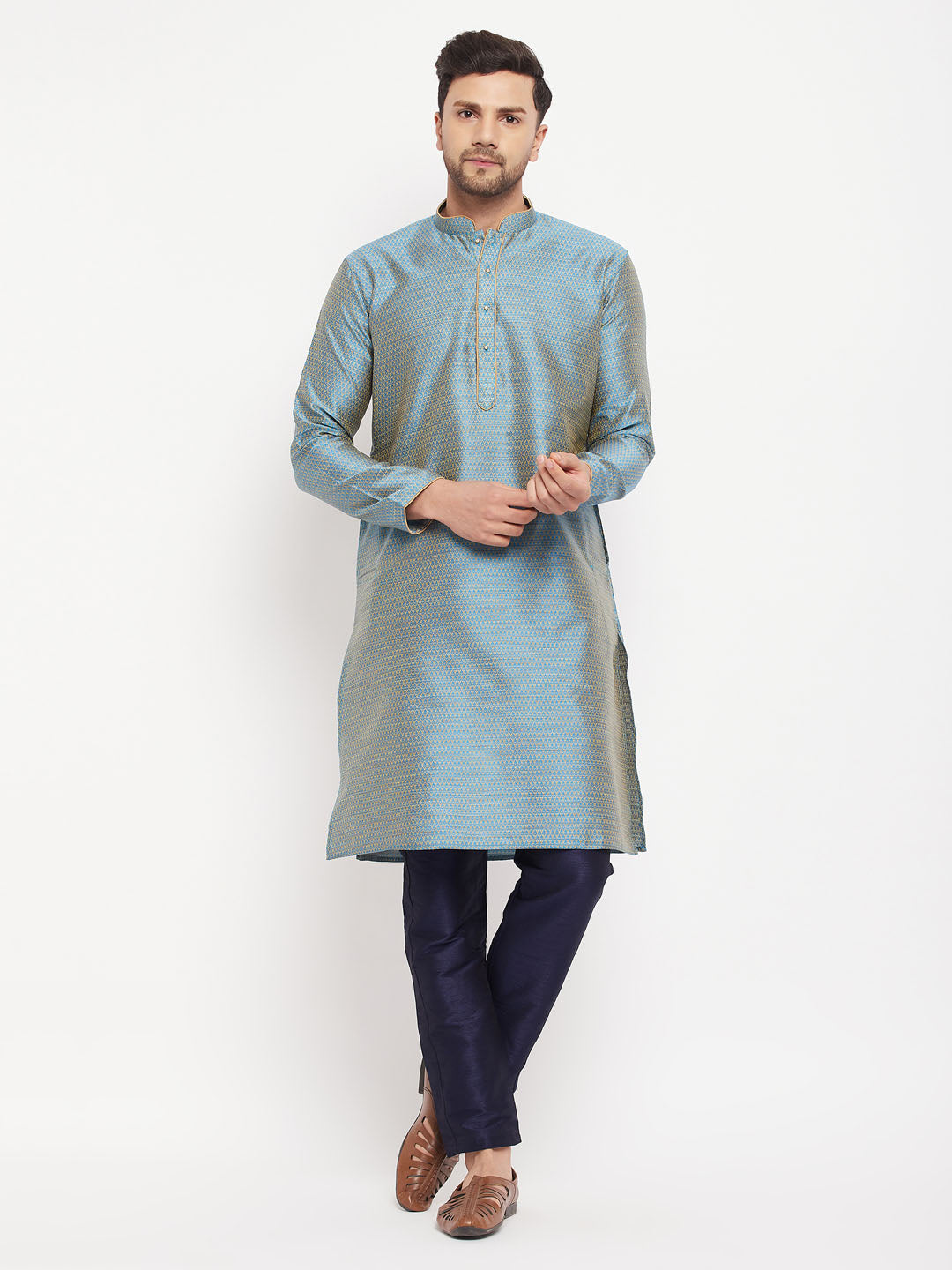 Sarvati Men's Aqua Blue Silk Blend Kurta and Navy Blue Pant Style Pyjama Set