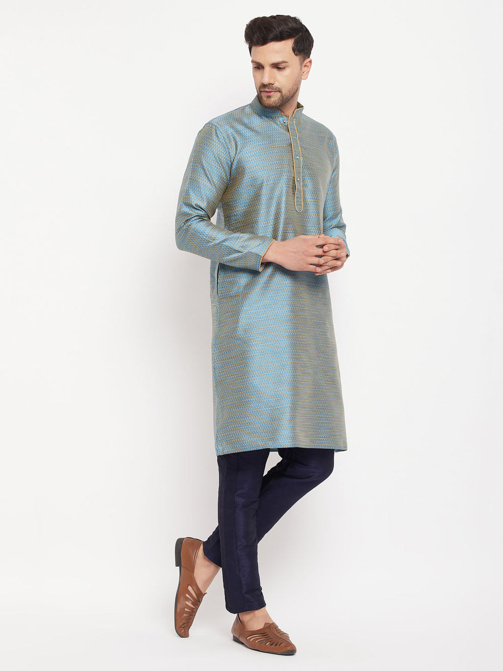 Sarvati Men's Aqua Blue Silk Blend Kurta and Navy Blue Pant Style Pyjama Set