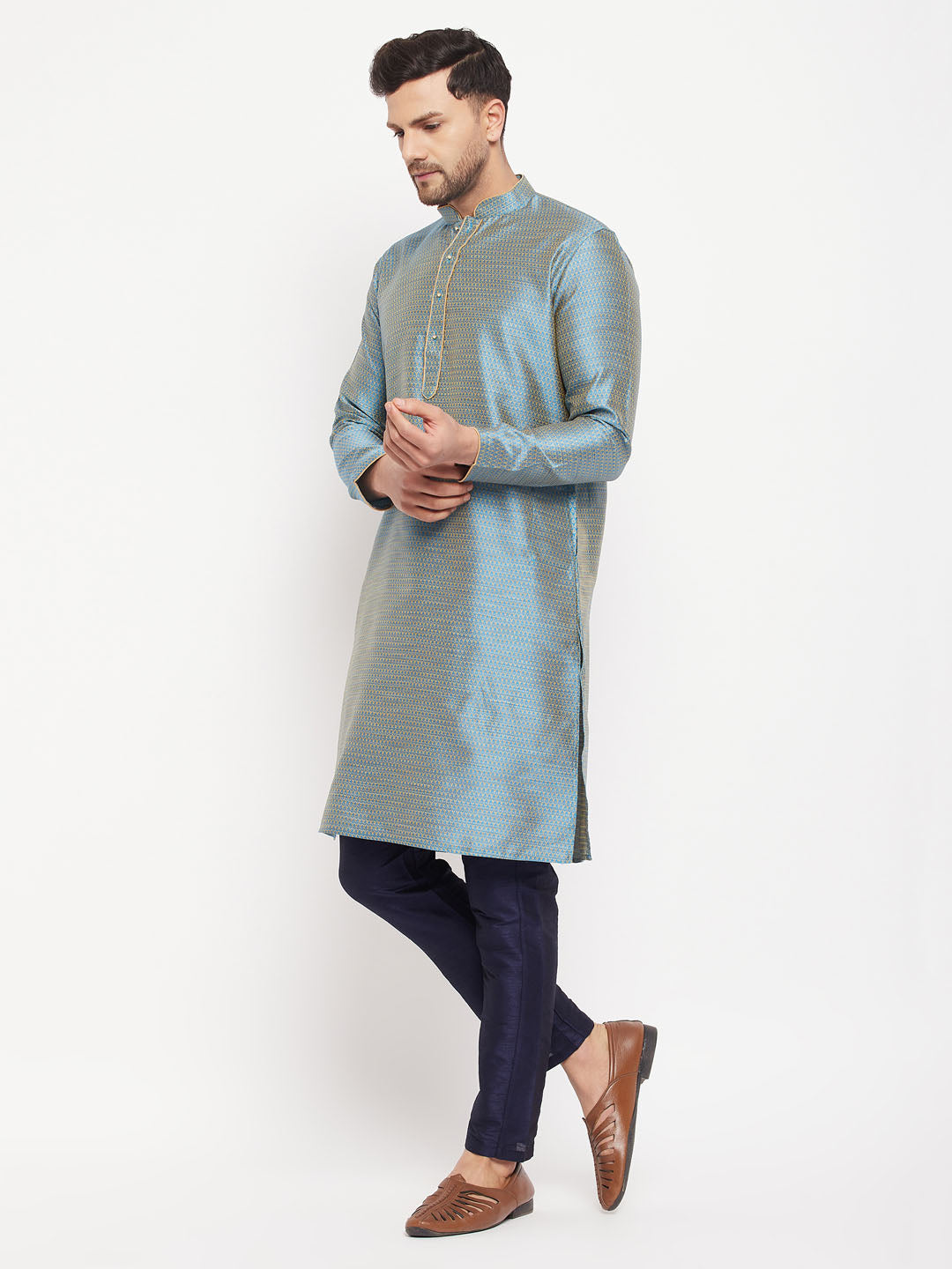 Sarvati Men's Aqua Blue Silk Blend Kurta and Navy Blue Pant Style Pyjama Set