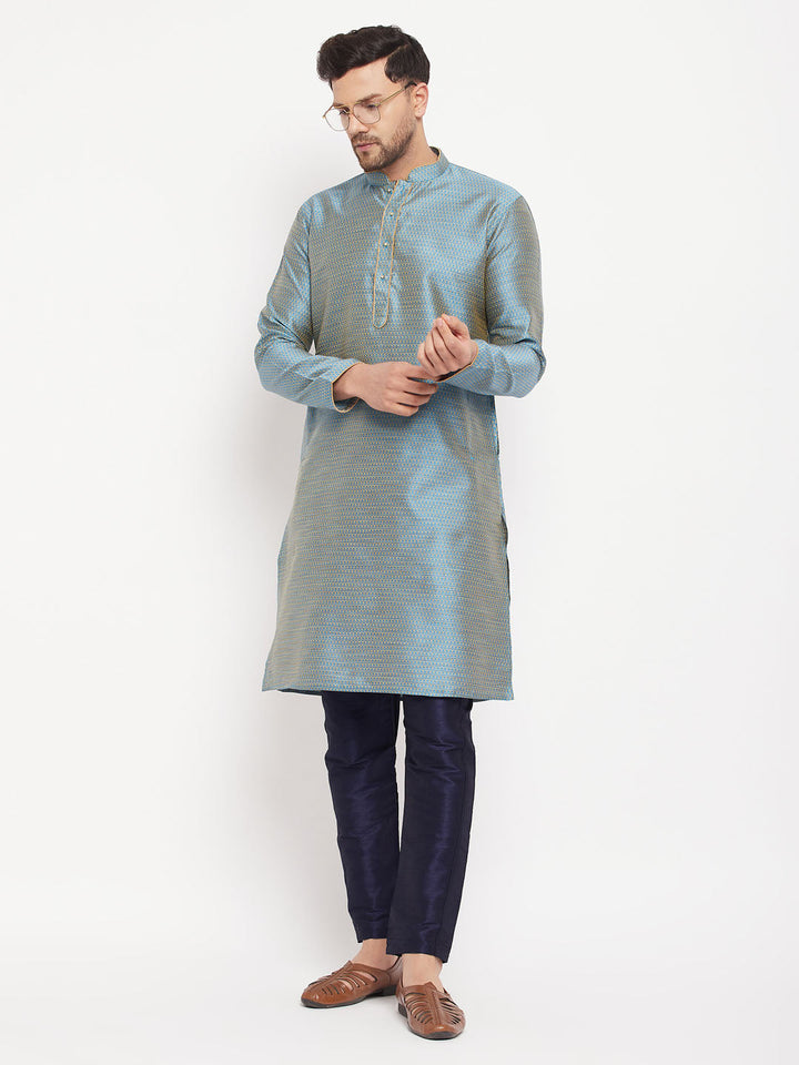 Sarvati Men's Aqua Blue Silk Blend Kurta and Navy Blue Pant Style Pyjama Set