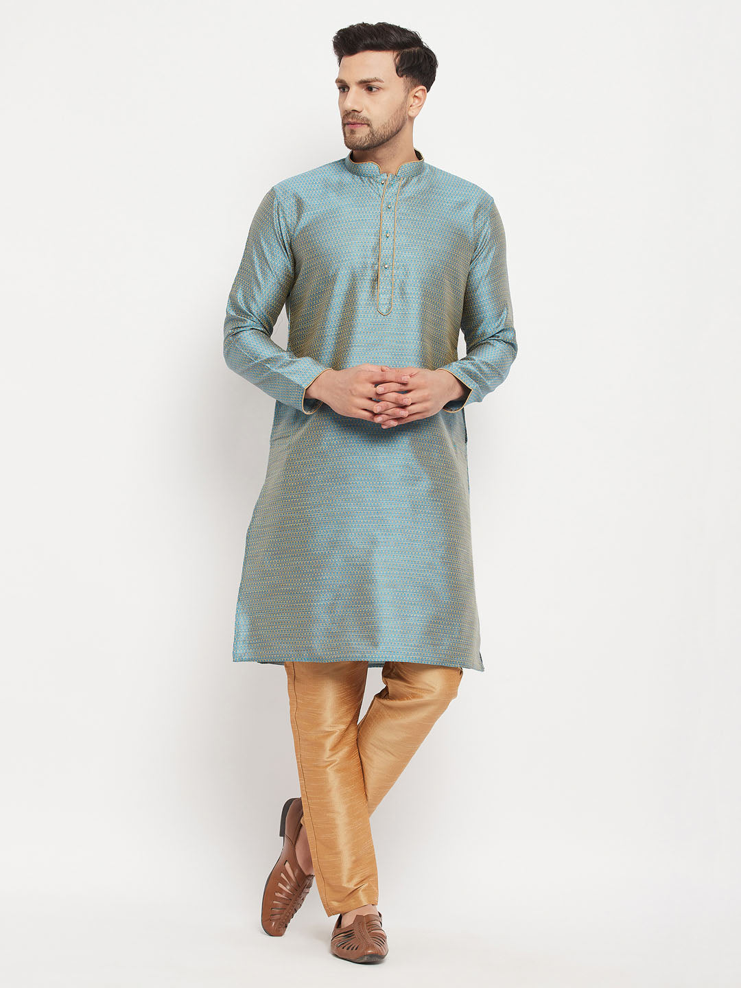 Sarvati Men's Aqua Blue Silk Blend Kurta and Rose Gold Pant Style Pyjama Set