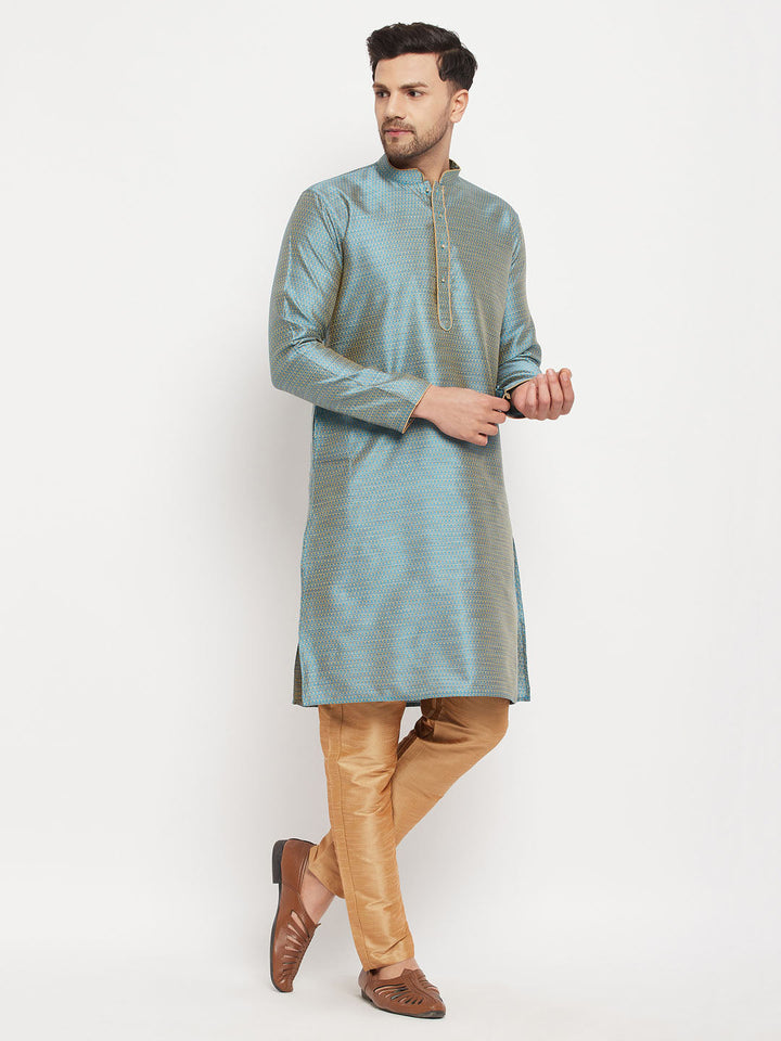 Sarvati Men's Aqua Blue Silk Blend Kurta and Rose Gold Pant Style Pyjama Set