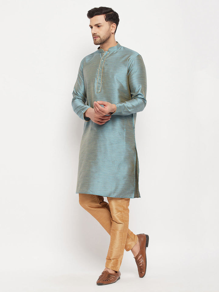 Sarvati Men's Aqua Blue Silk Blend Kurta and Rose Gold Pant Style Pyjama Set