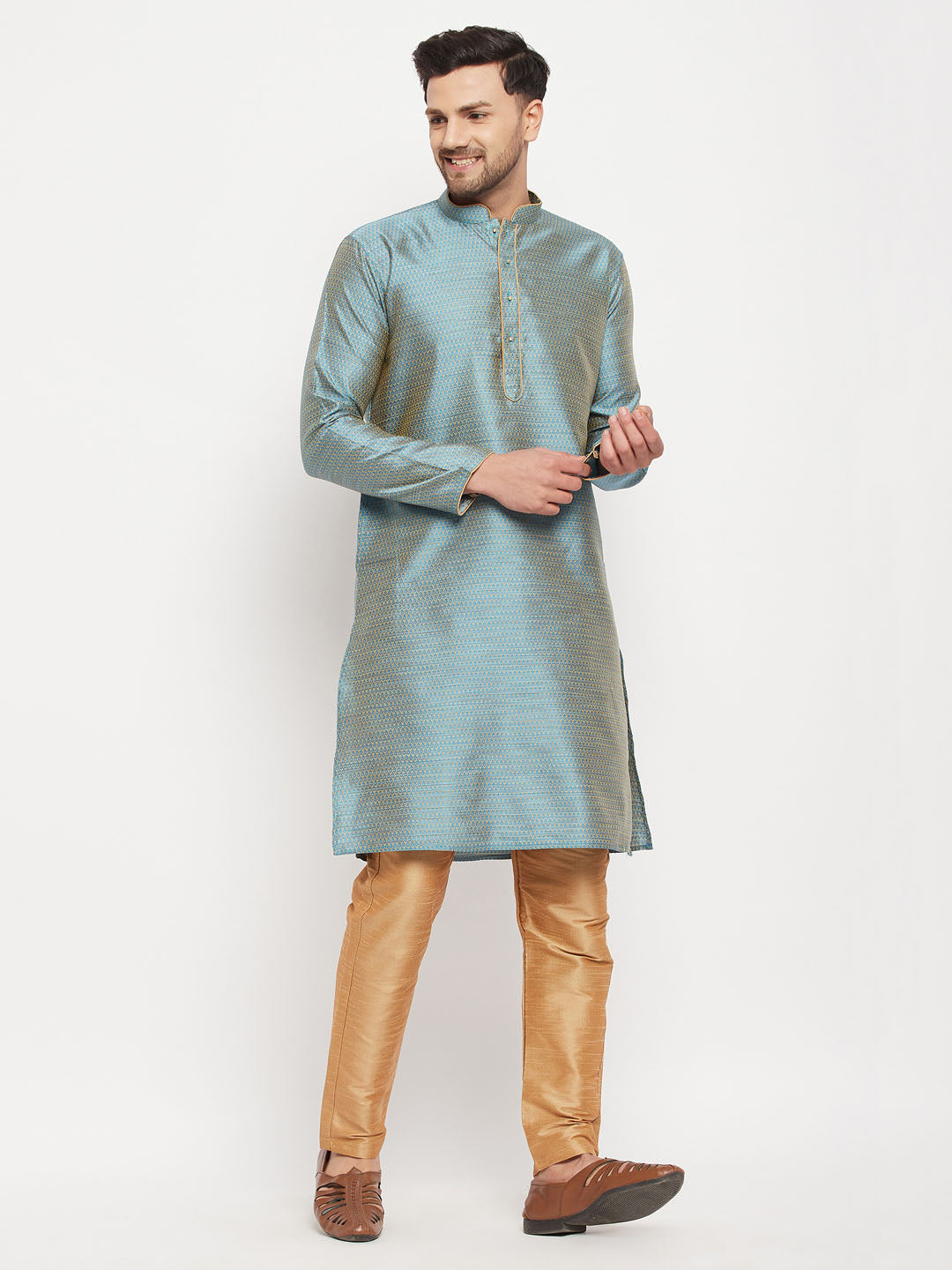 Sarvati Men's Aqua Blue Silk Blend Kurta and Rose Gold Pant Style Pyjama Set