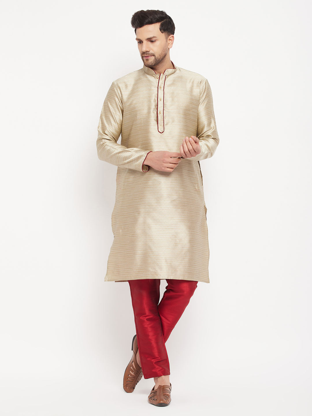 Sarvati Men's Beige Silk Blend Kurta and Maroon Pant Style Pyjama Set