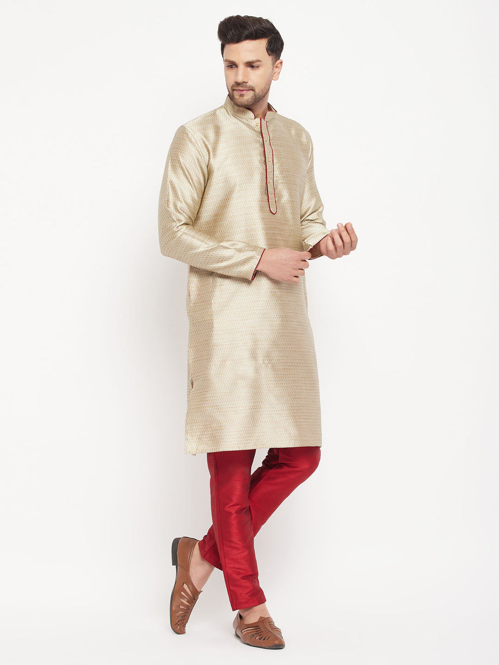 Sarvati Men's Beige Silk Blend Kurta and Maroon Pant Style Pyjama Set