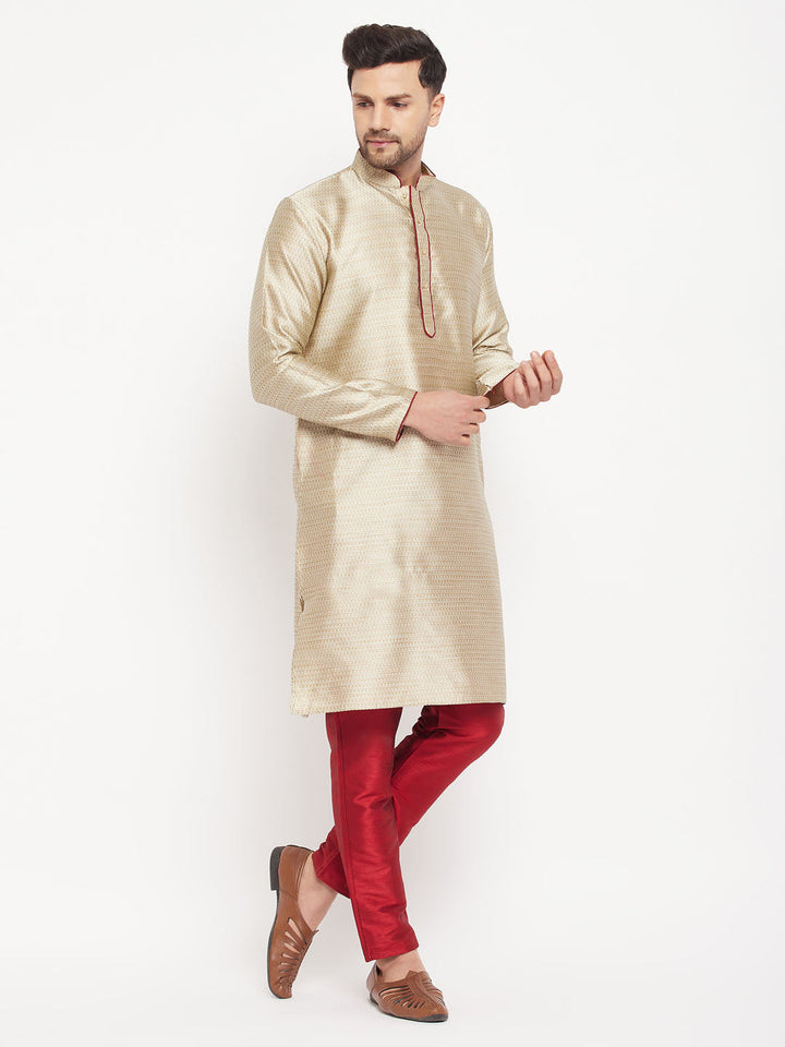 Sarvati Men's Beige Silk Blend Kurta and Maroon Pant Style Pyjama Set