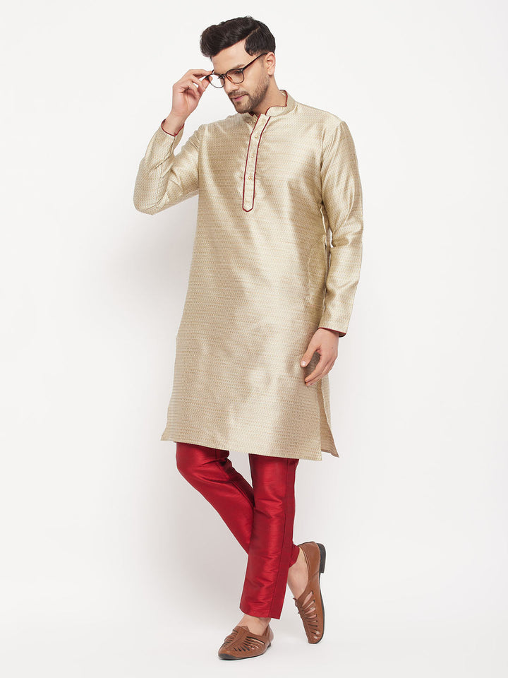 Sarvati Men's Beige Silk Blend Kurta and Maroon Pant Style Pyjama Set