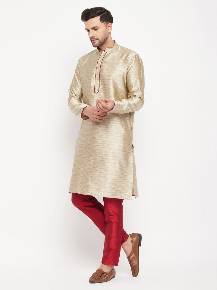 Sarvati Men's Beige Silk Blend Kurta and Maroon Pant Style Pyjama Set