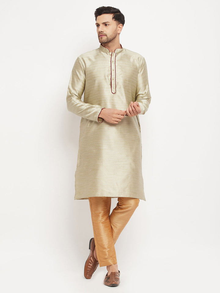 Sarvati Men's Beige Silk Blend Kurta and Rose Gold Pant Style Pyjama Set