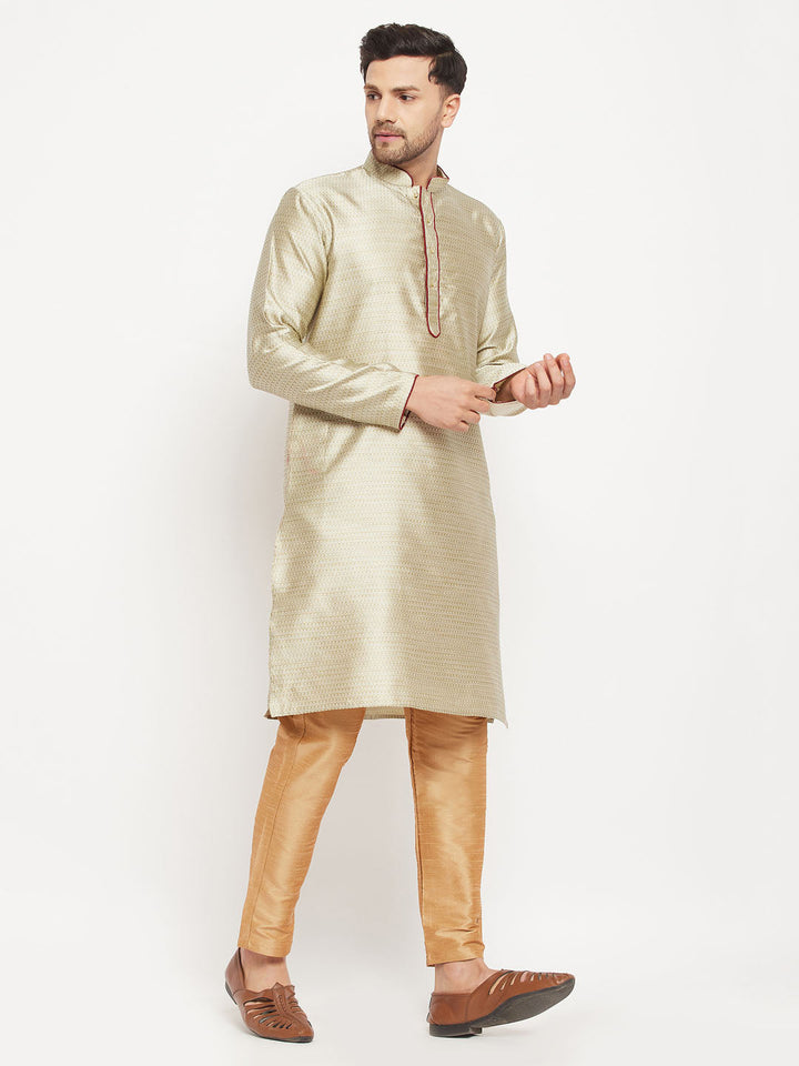 Sarvati Men's Beige Silk Blend Kurta and Rose Gold Pant Style Pyjama Set