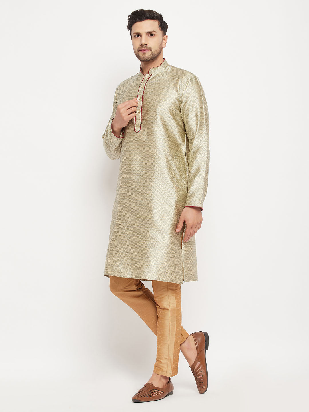 Sarvati Men's Beige Silk Blend Kurta and Rose Gold Pant Style Pyjama Set