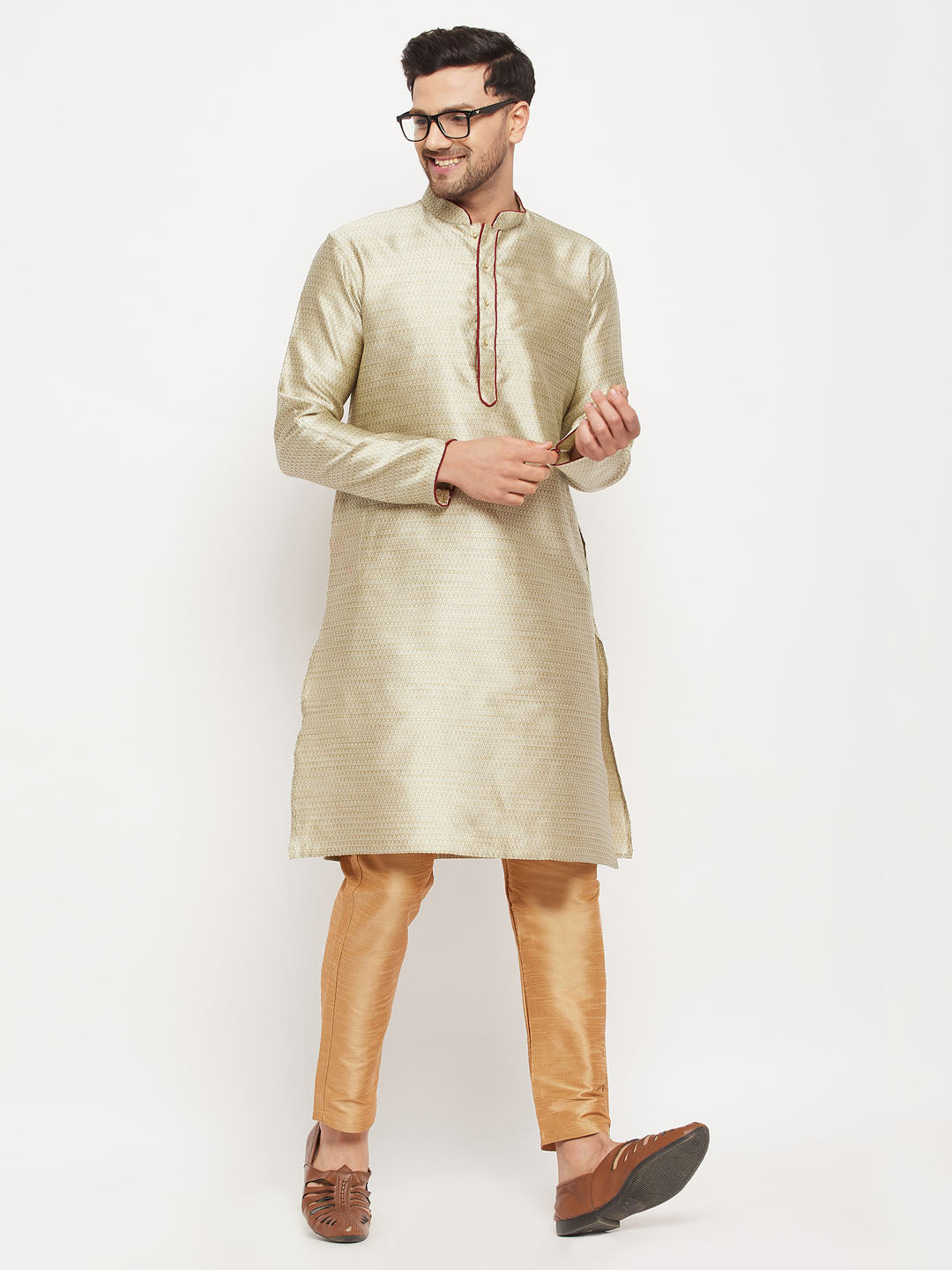 Sarvati Men's Beige Silk Blend Kurta and Rose Gold Pant Style Pyjama Set