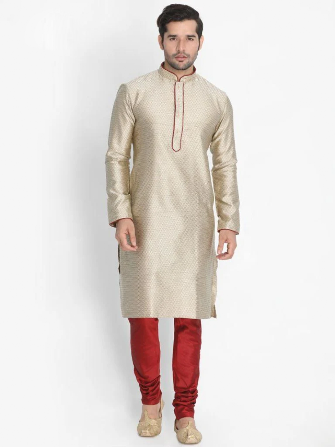 Sarvati Men's Beige Cotton Silk Blend Kurta and Pyjama Set