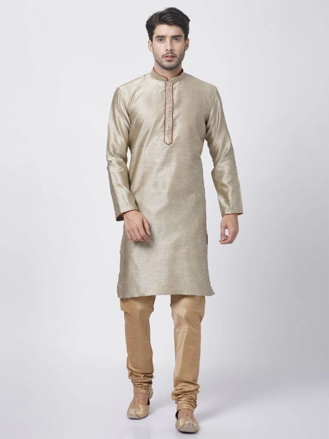 Sarvati Men's Beige Cotton Silk Blend Kurta and Pyjama Set