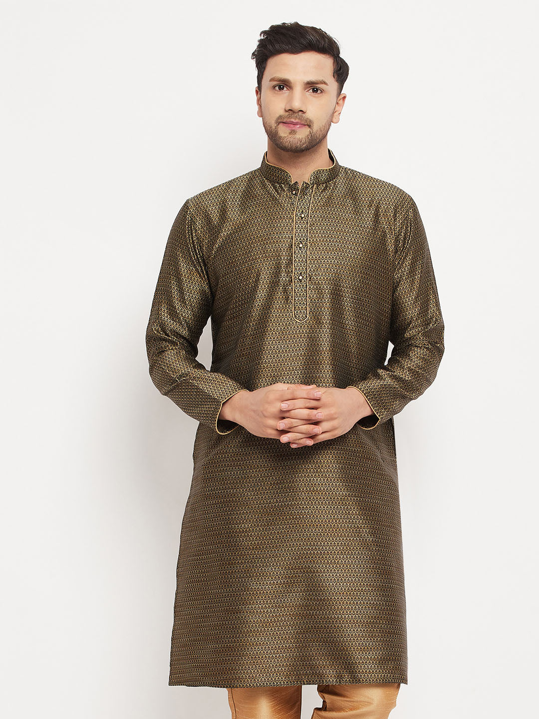 Men's Black And Gold Silk Blend Kurta